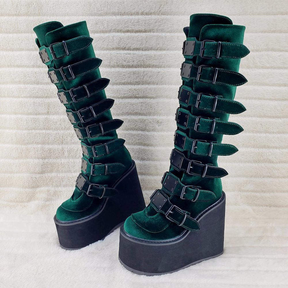 Swing Emerald Green Velvet Goth Punk Multi Strap Platform Restocked - Picture 3 of 14